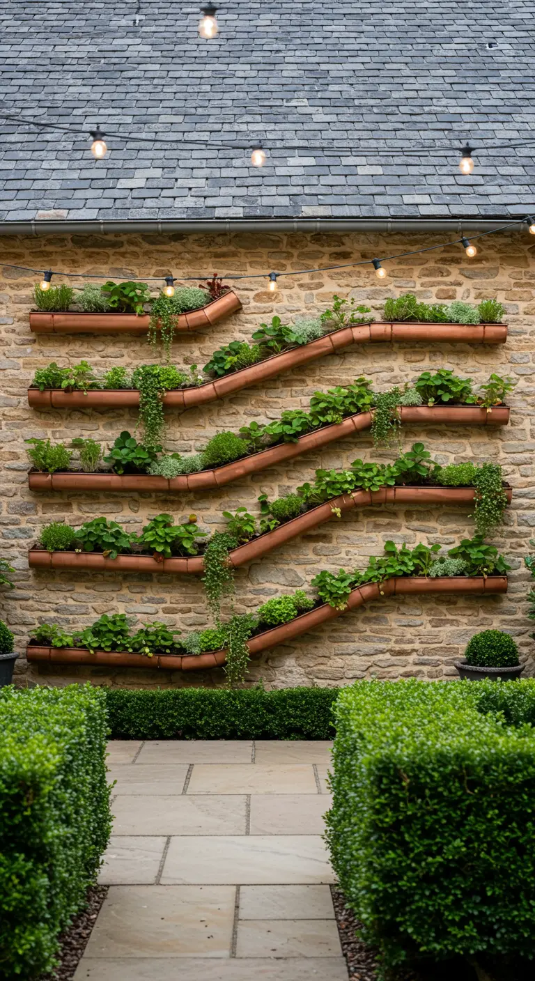 Wavy copper vertical planters on a stone wall with various plants