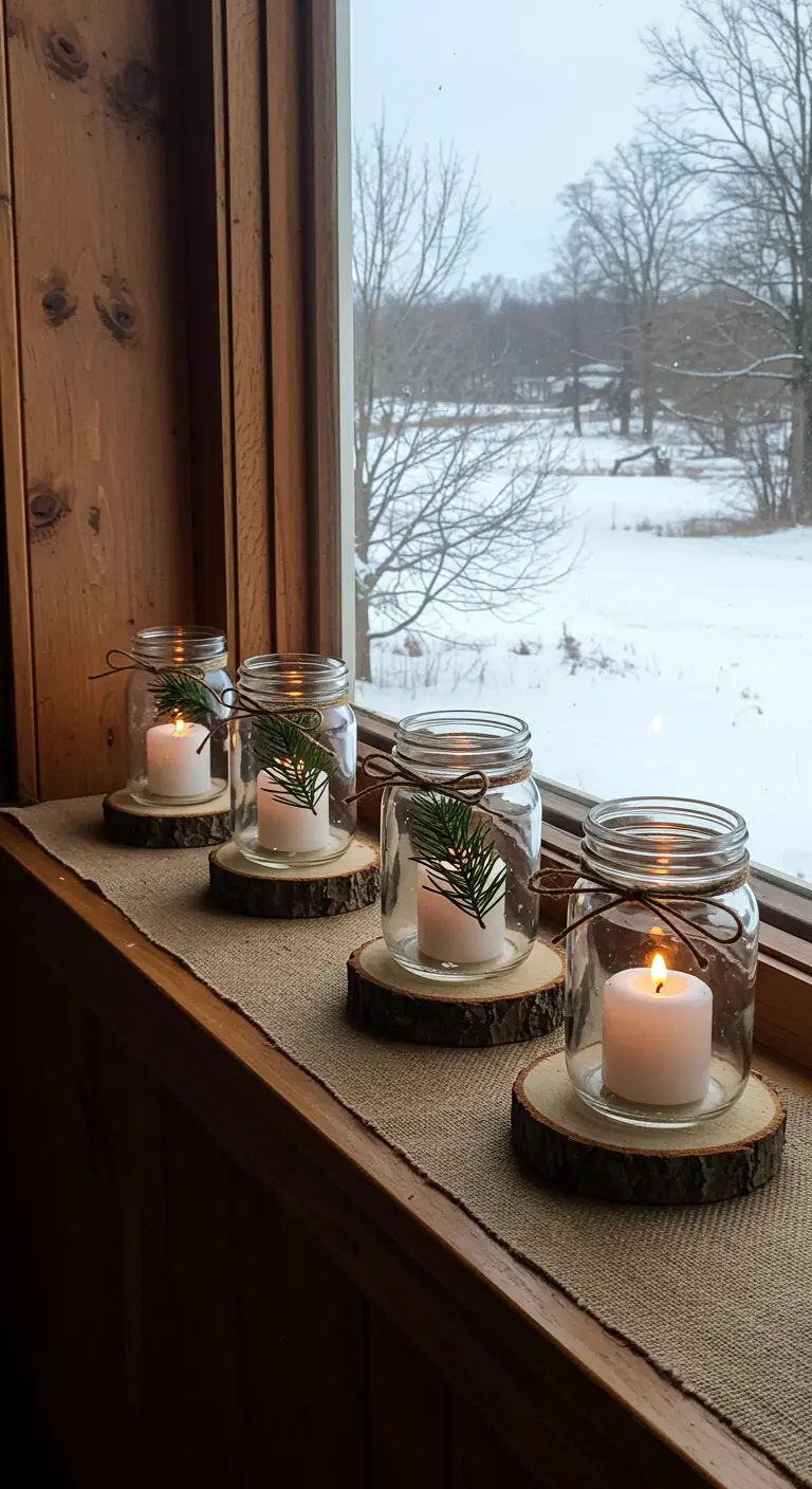 Mason jar candles on wood slices lining a rustic windowsill for a cozy winter vibe.