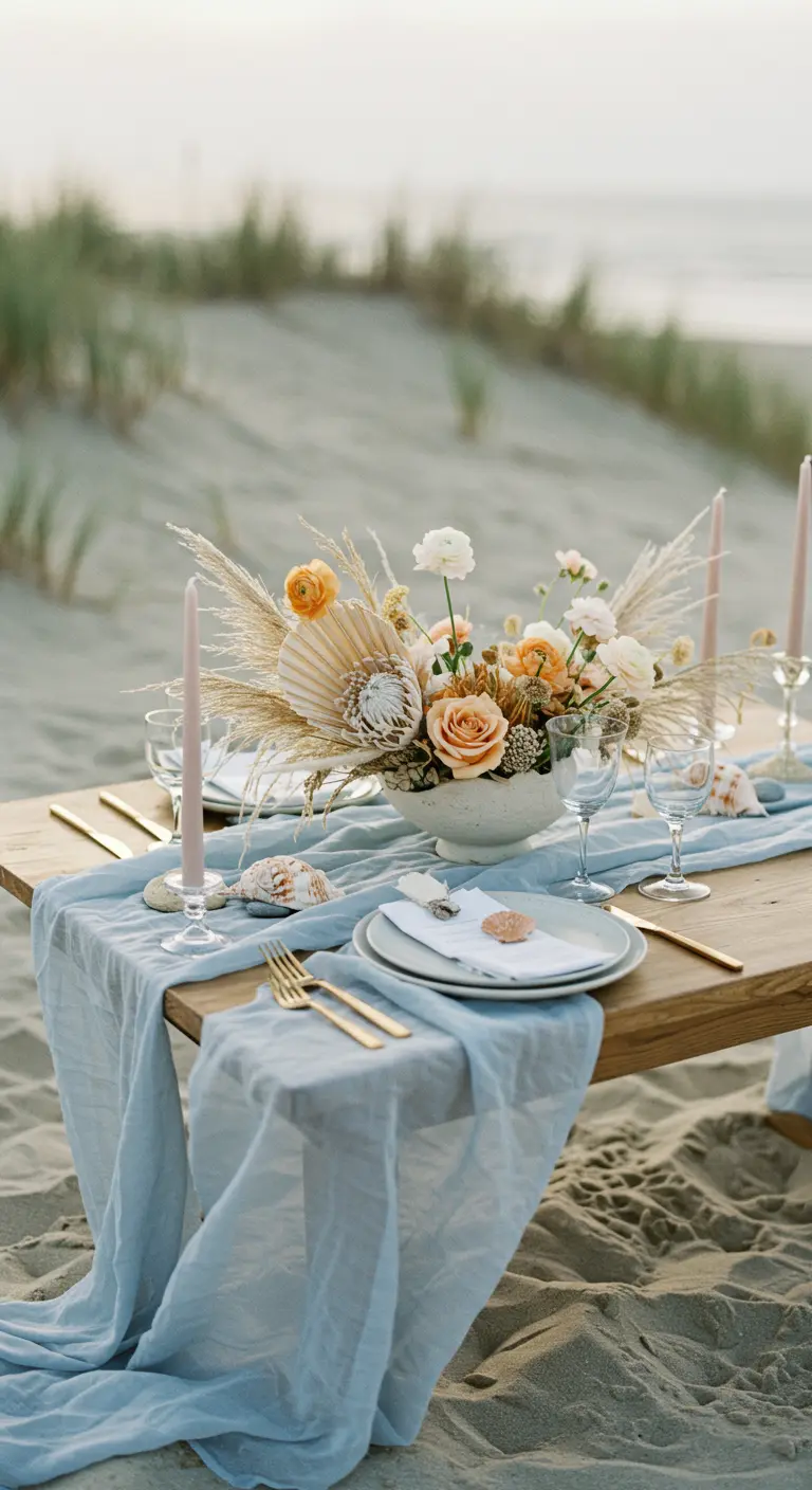 Boho centerpiece with dried grasses, palm fans, and peach roses on a beach table.