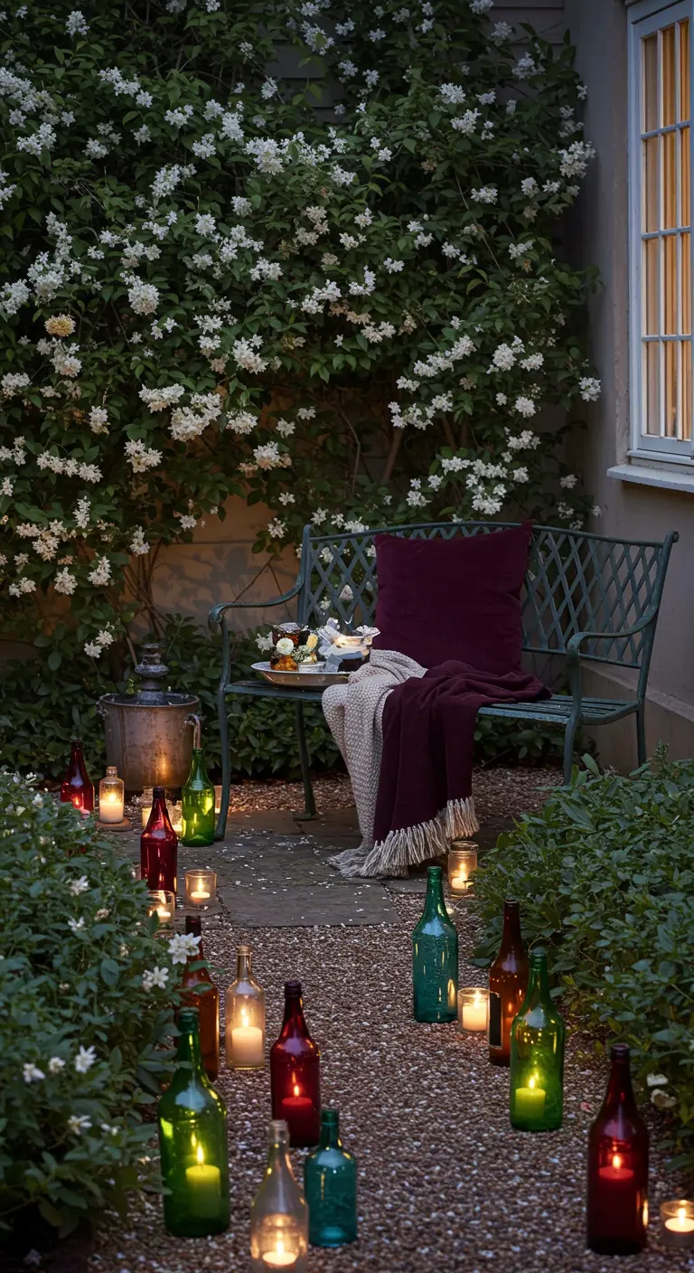 A garden path illuminated by candles placed inside colorful, empty wine bottles.