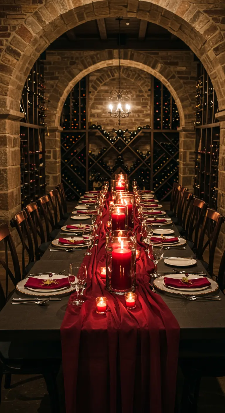 Long table in a wine cellar with a deep red runner and dozens of red pillar candles in vases.