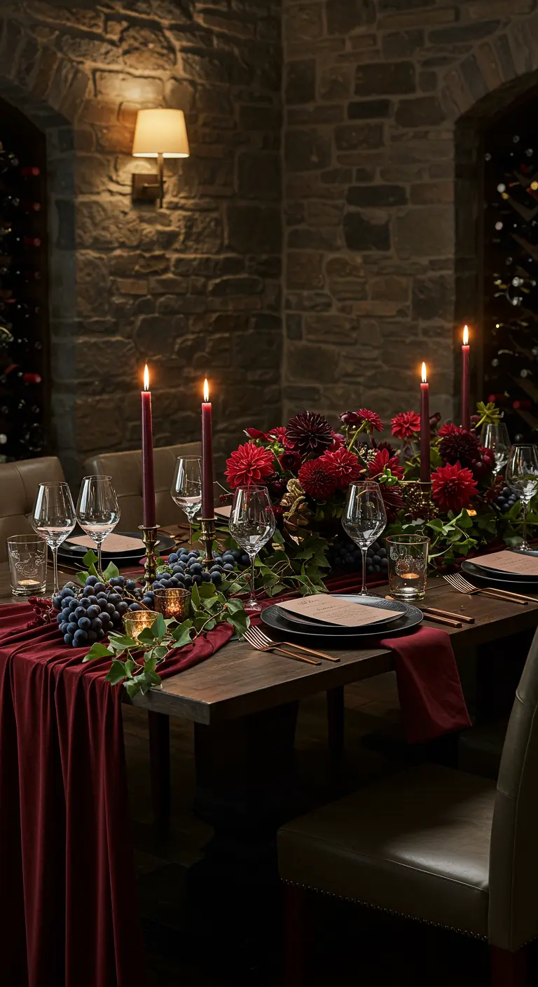 A table setting in a stone wine cellar with a burgundy runner, grapes, and red flowers.