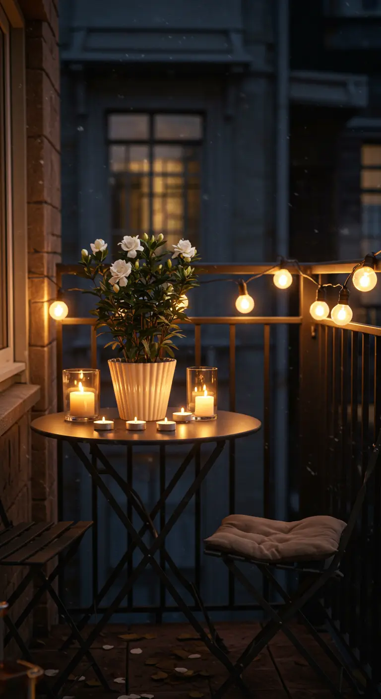 A small balcony in winter with a potted gardenia, string lights, and many small candles.