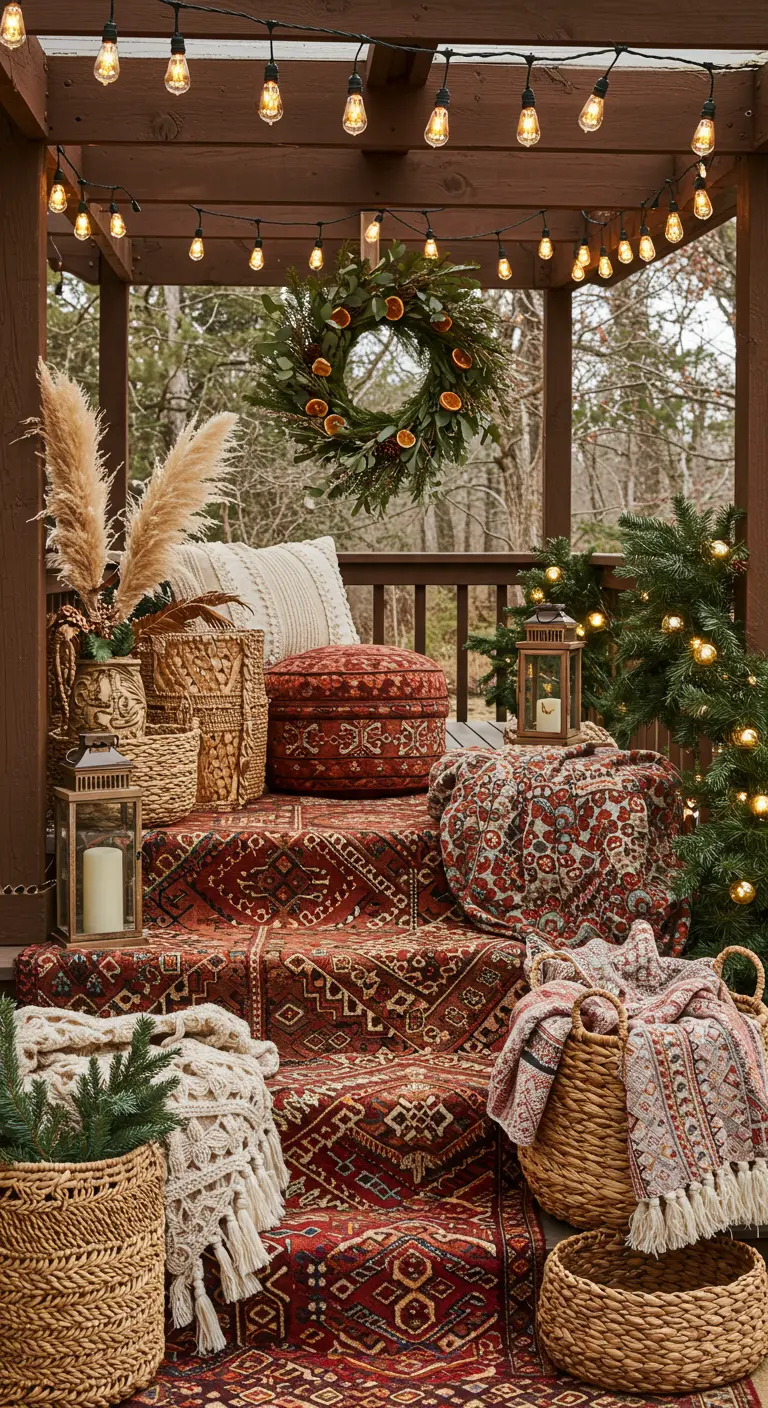 A bohemian-styled porch with layered patterned rugs, woven baskets, and cozy textiles.