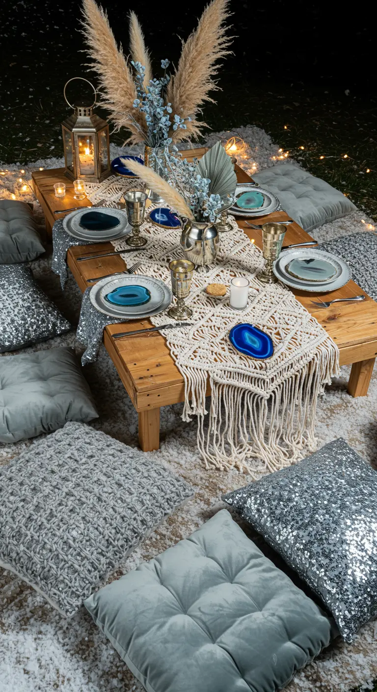 A low wooden table set on the floor with macrame, pillows, and agate slices.