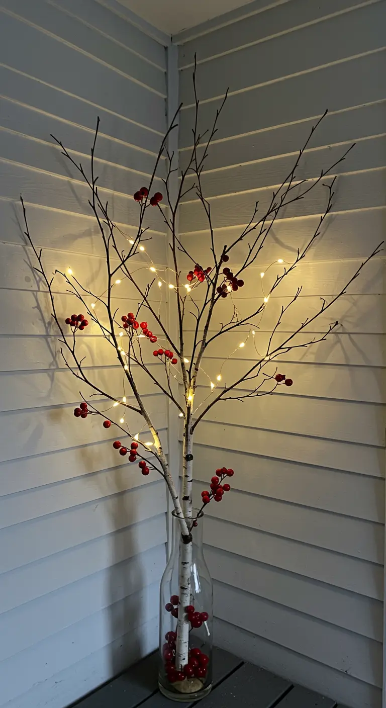 Lit birch branches with red berries in a clear glass vase.