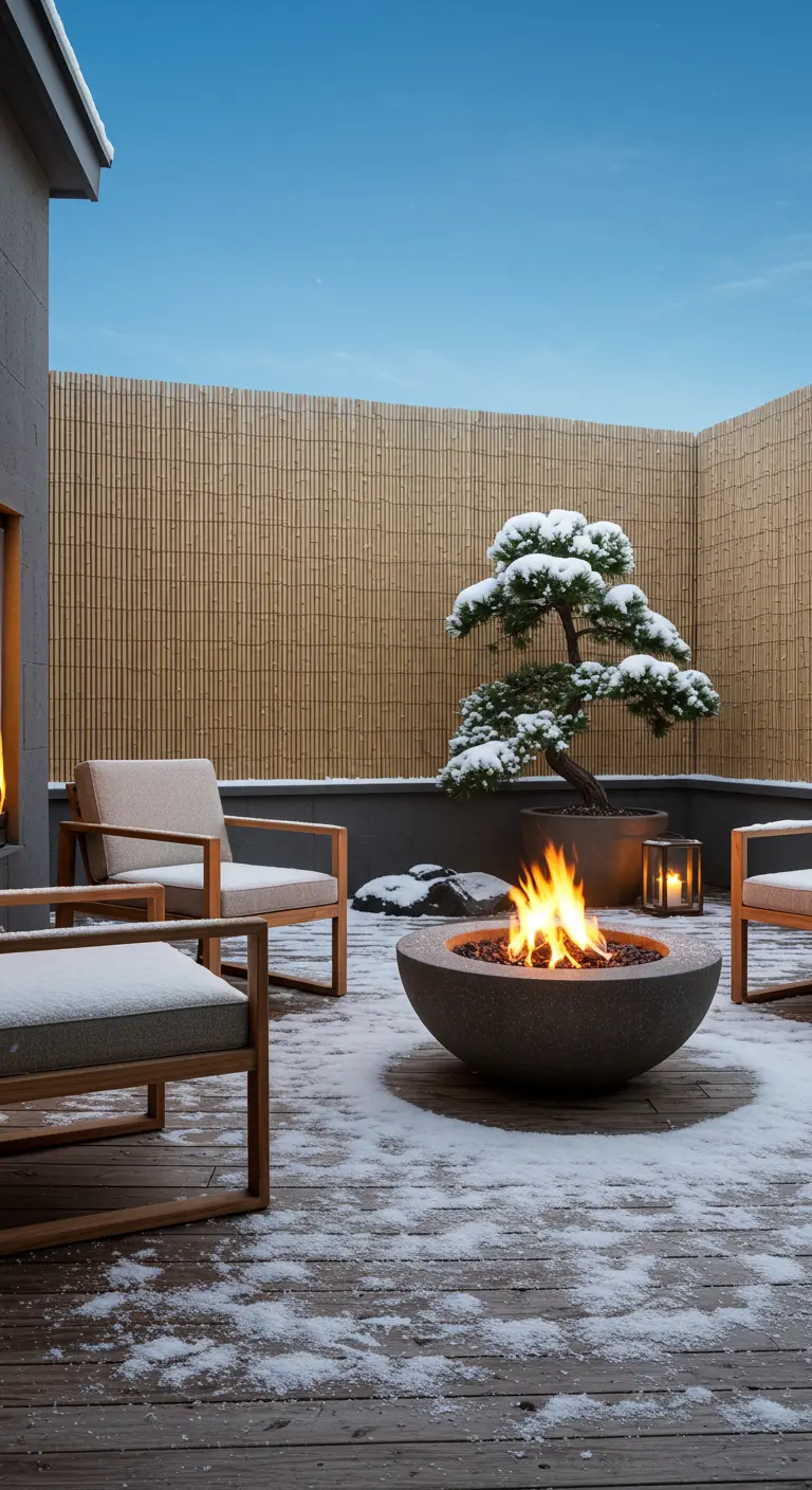 A snowy terrace with a stone fire pit, wooden chairs, and a snow-covered bonsai.