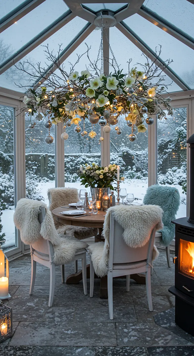 A winter conservatory with a chandelier of frosted branches, white flowers, and silver baubles.