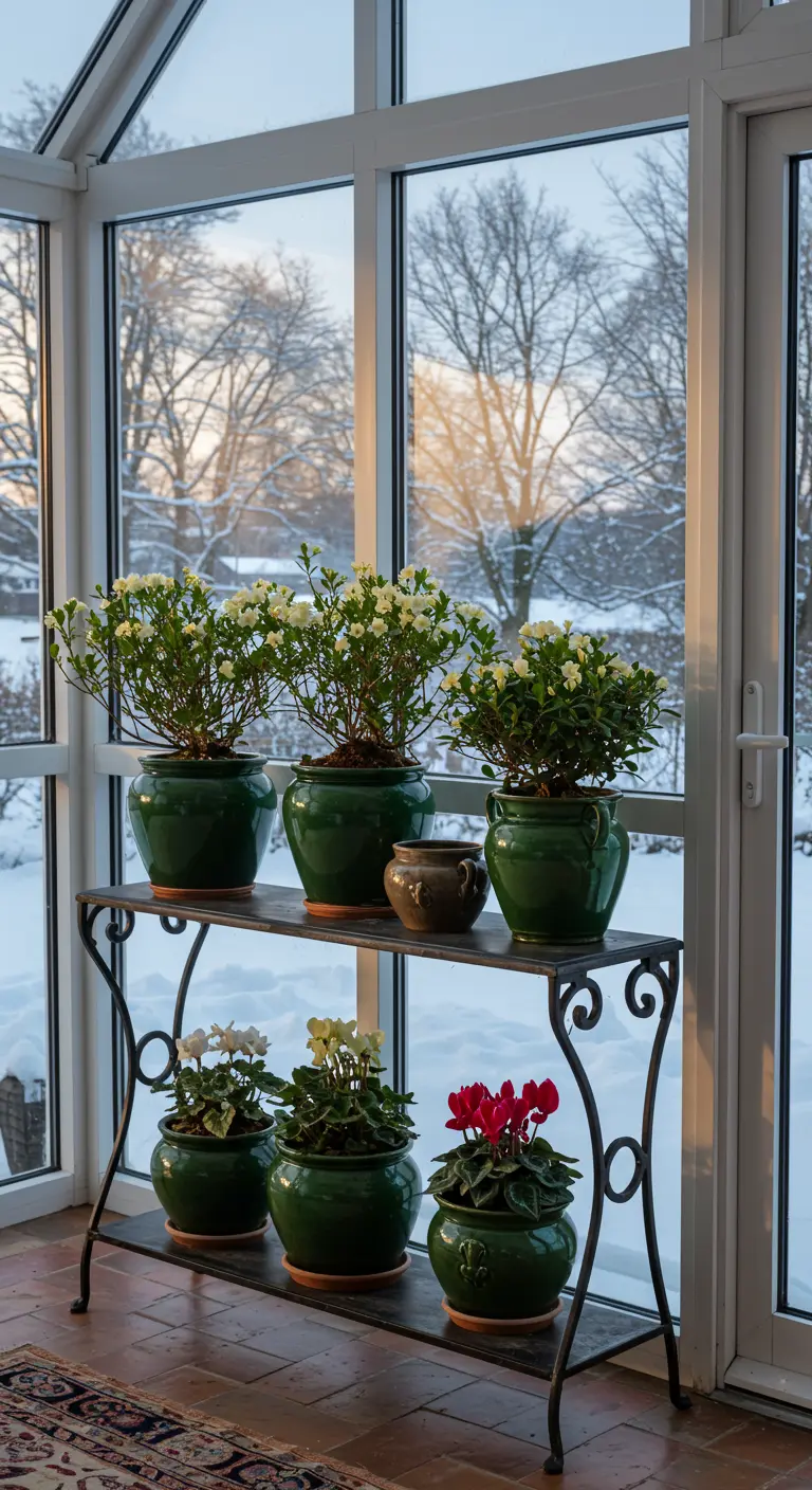 Green glazed planters with winter flowers on a console table in a snowy sunroom.