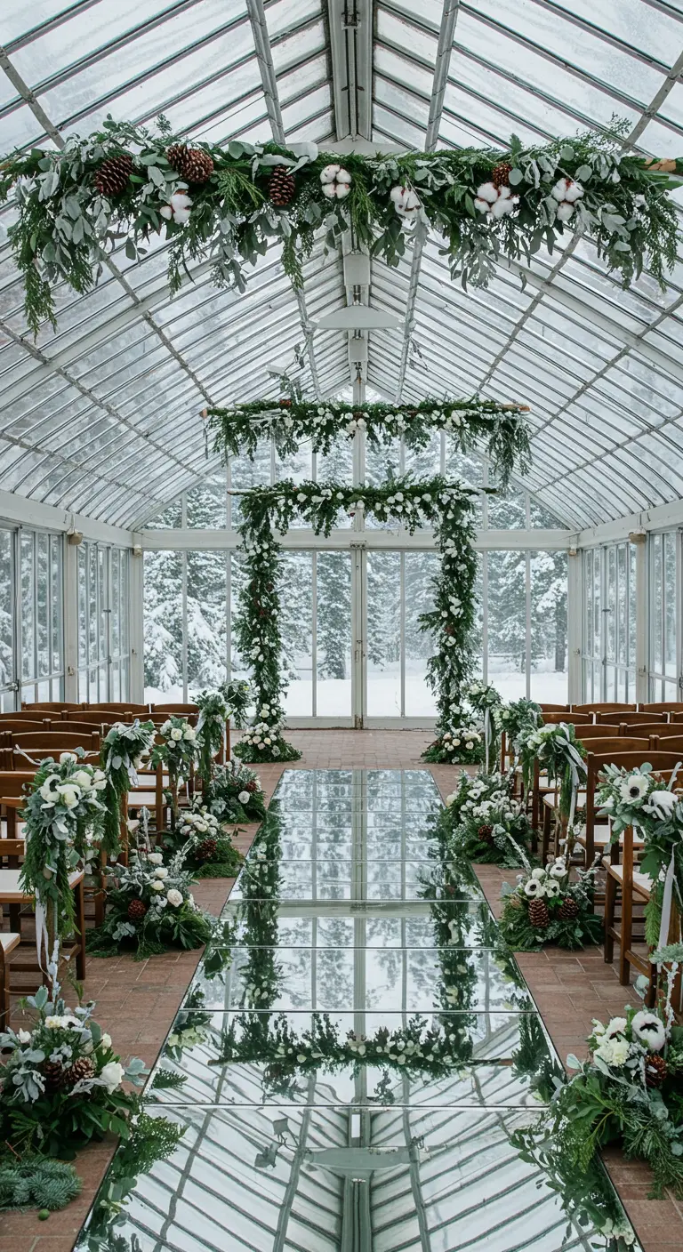 Winter greenhouse wedding ceremony with a mirrored aisle and evergreen garlands.