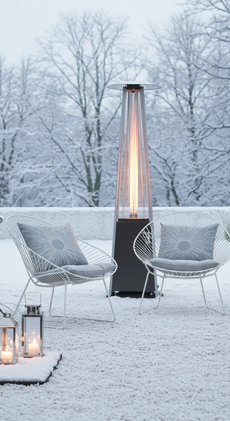 Two white wireframe chairs on a snowy patio with a tall patio heater and candle lanterns.
