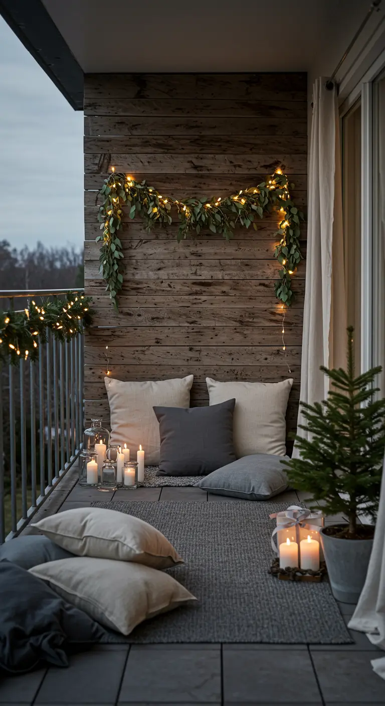 A cozy winter balcony with floor seating, candles, and a garland with fairy lights.