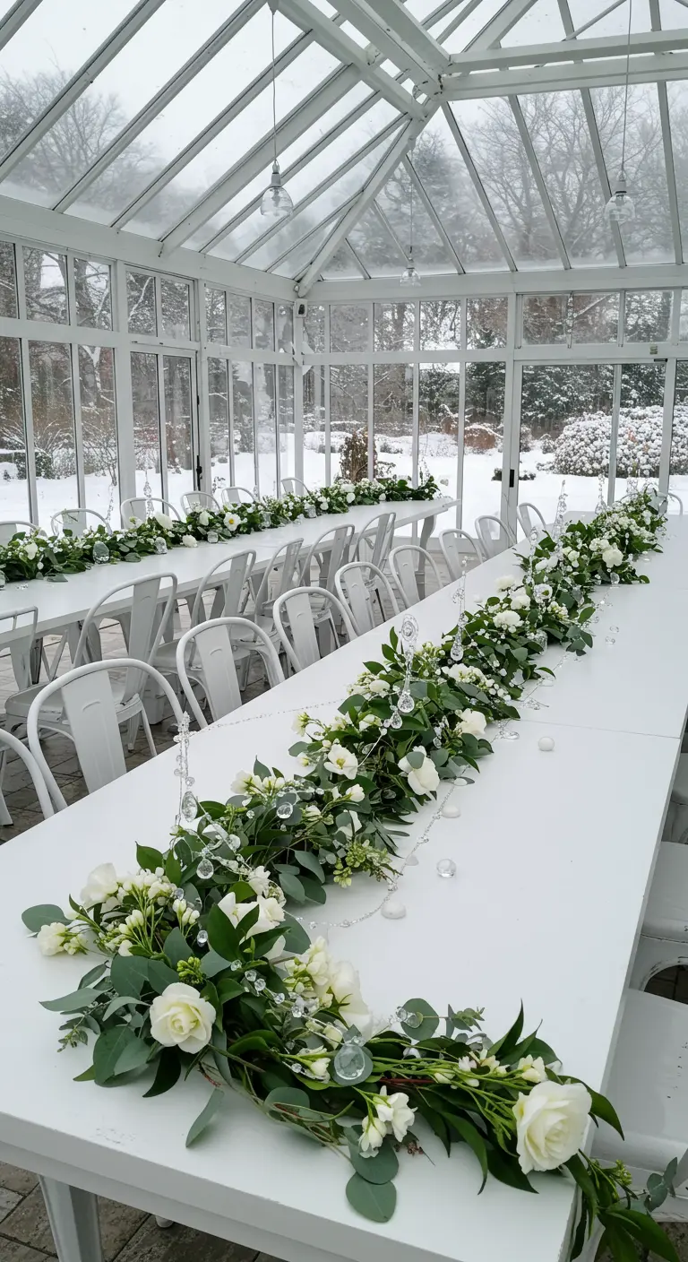 A long white table in a greenhouse with a simple eucalyptus and rose garland with crystal drops.