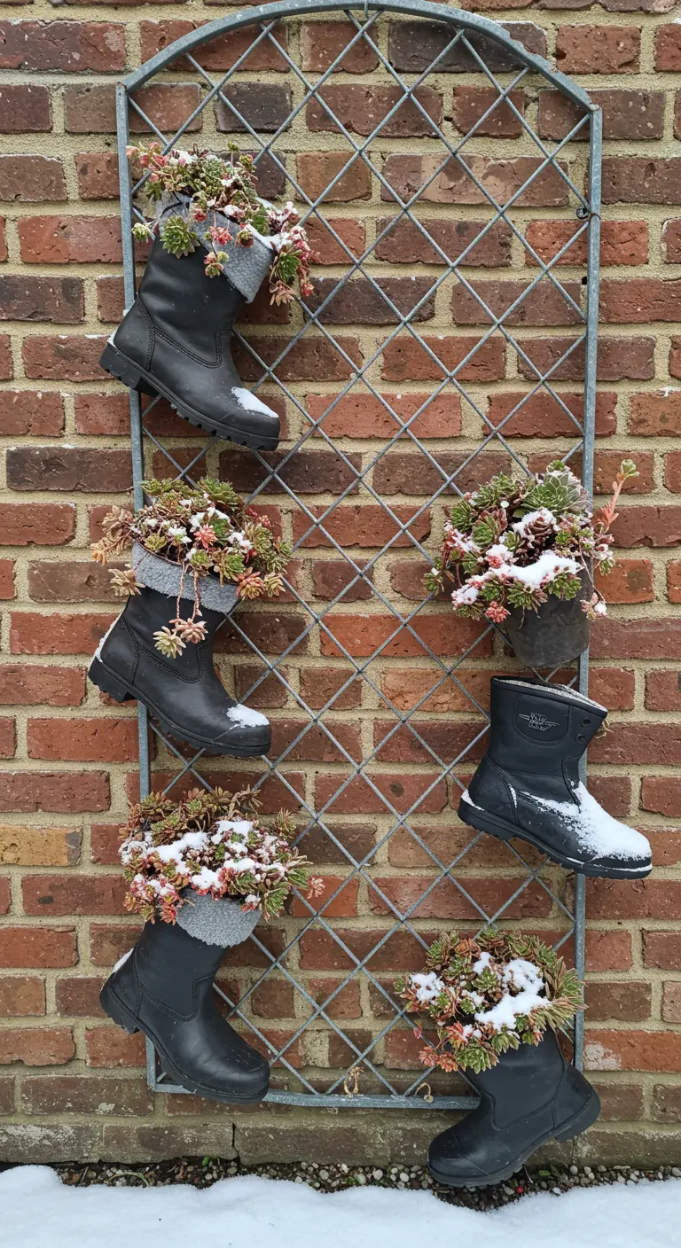 Snow-dusted black winter boots with hardy succulents on a trellis in the snow.