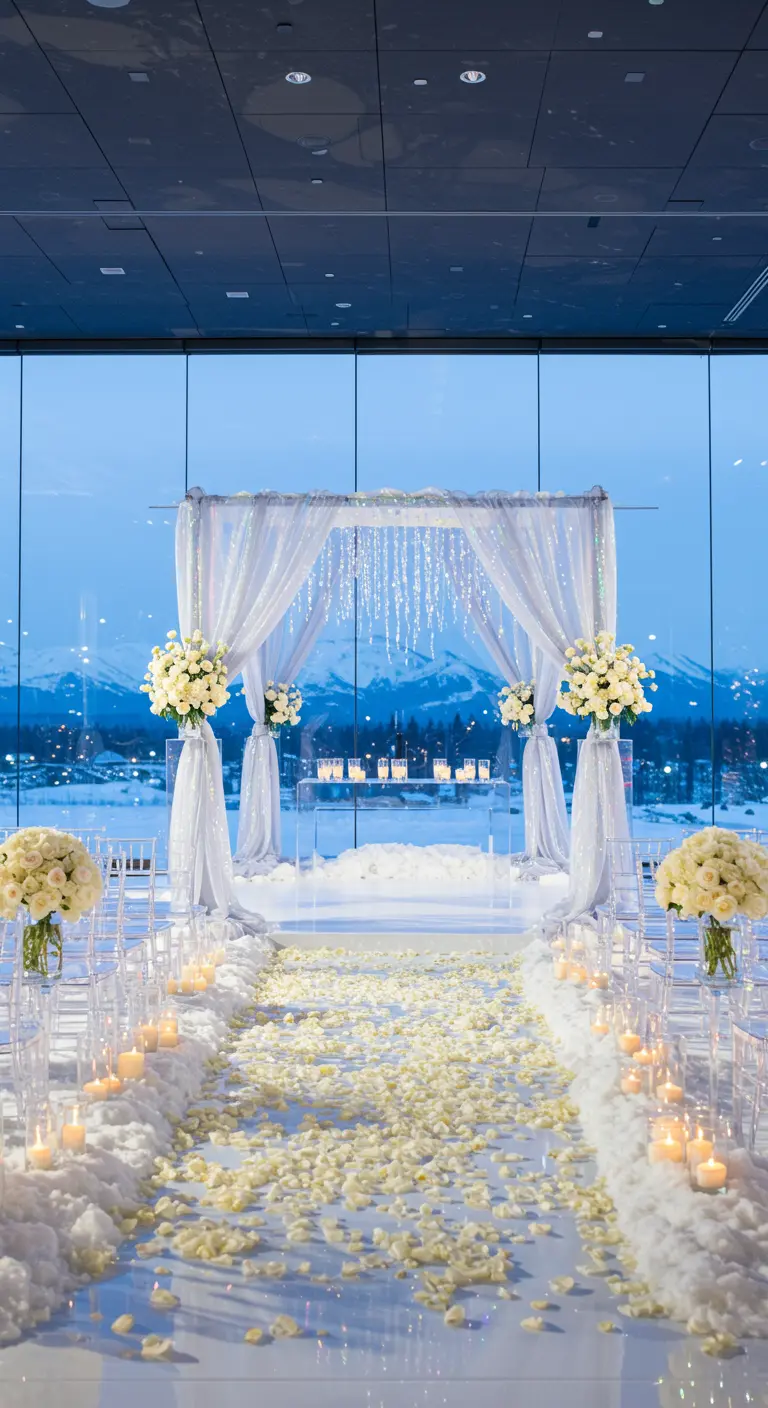 Icy winter wedding theme with a snow-lined aisle, white roses, and hanging crystal decor.