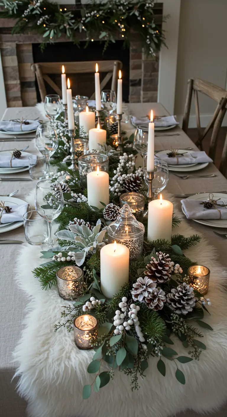 A cozy winter table setting with a faux fur runner, pinecones, and greenery.