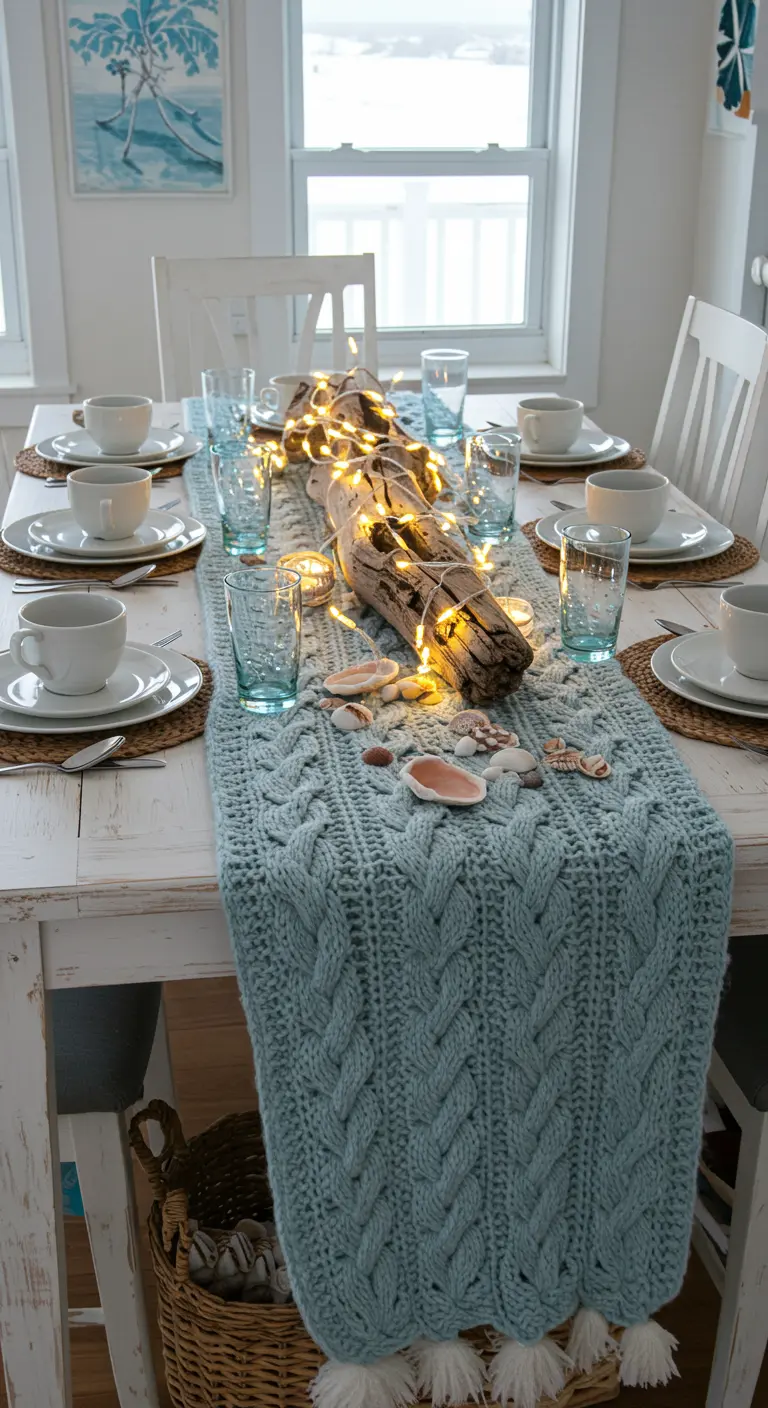 Coastal winter tablescape with a blue knit runner and driftwood with fairy lights.