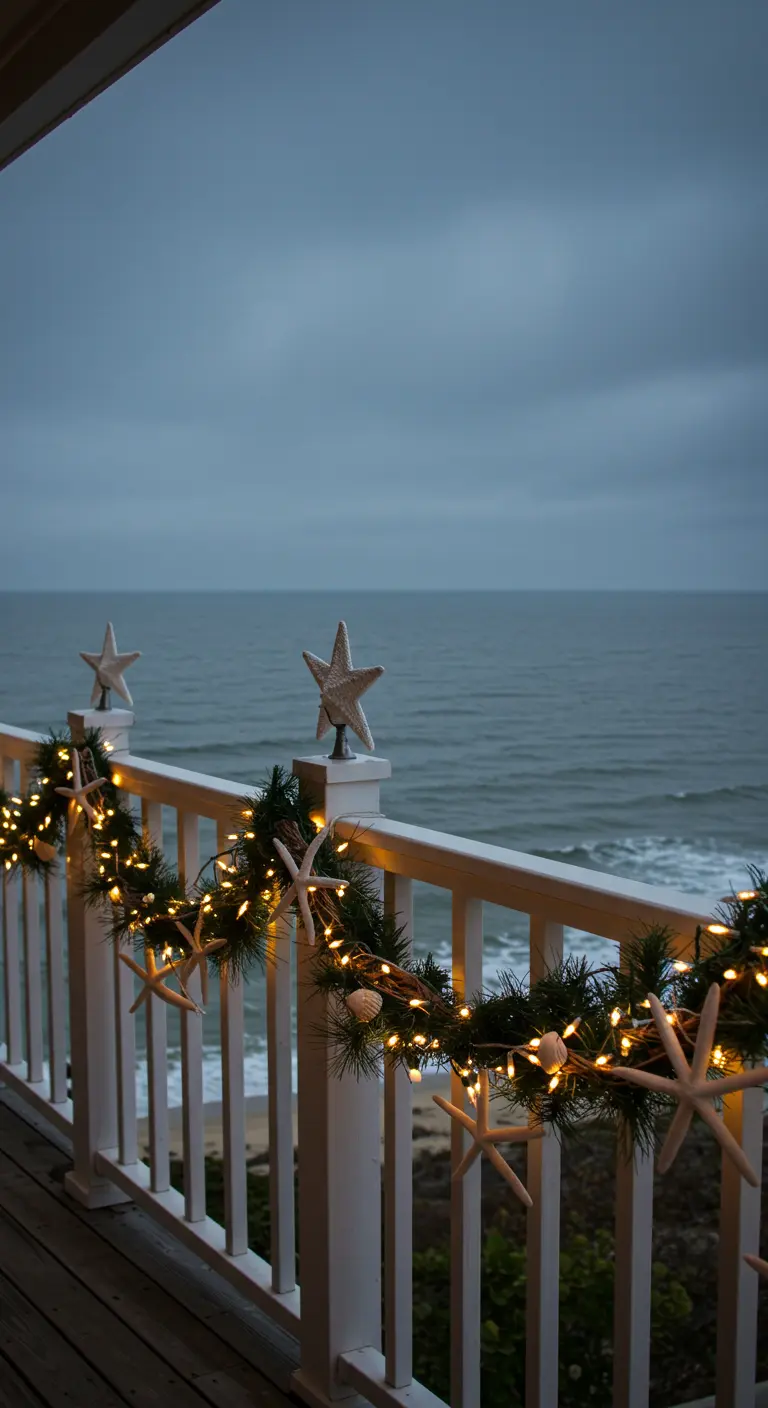 A beach house balcony with garland decorated with starfish and coastal-themed stars, overlooking the ocean.
