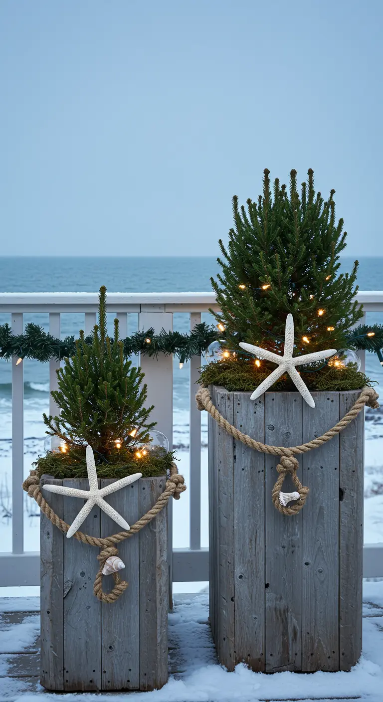Weathered wood planters on a deck by the sea, decorated with evergreens, lights, and starfish.