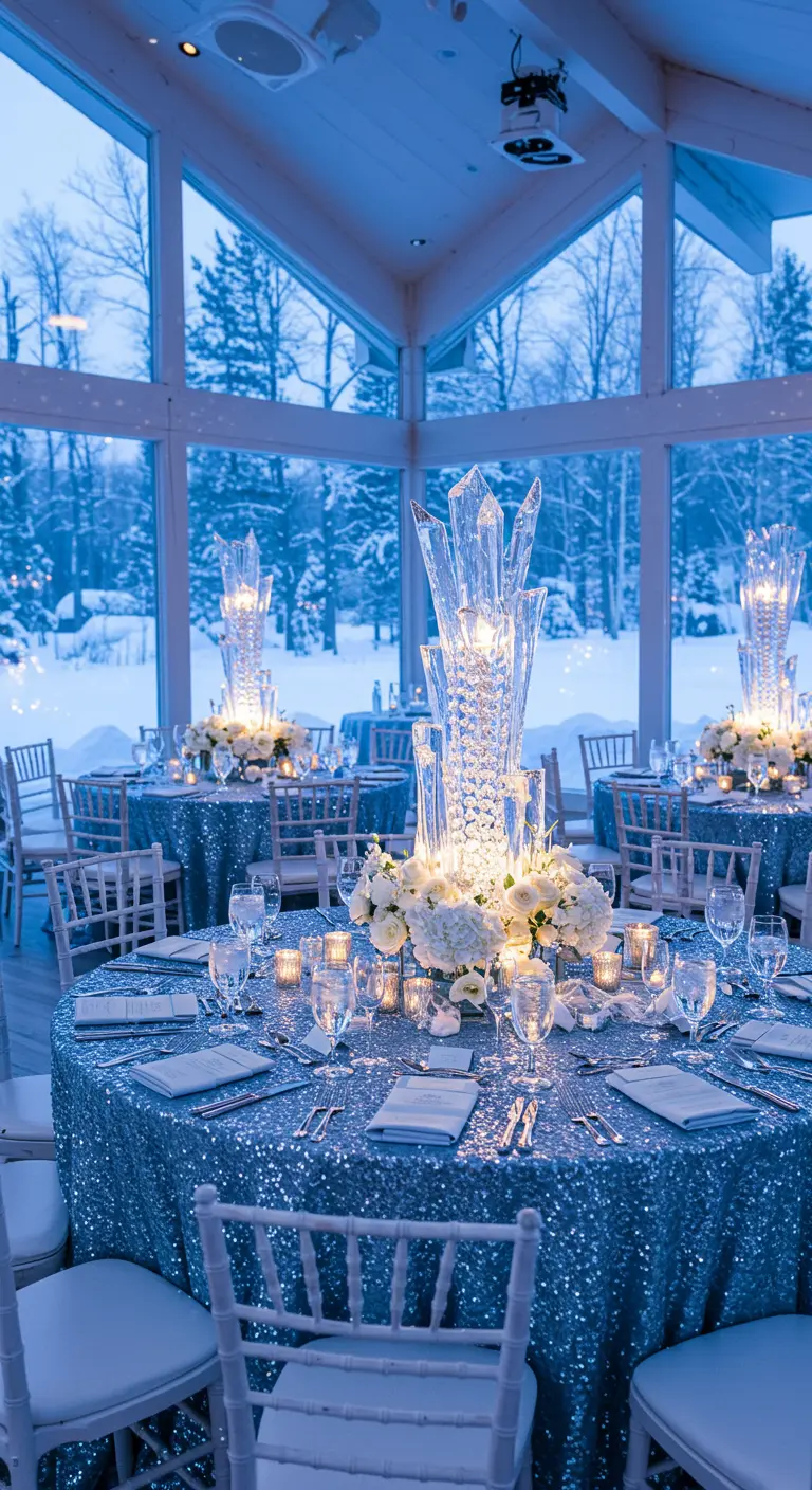 A winter wedding table with a blue sequin cloth and a large, icy crystal centerpiece.