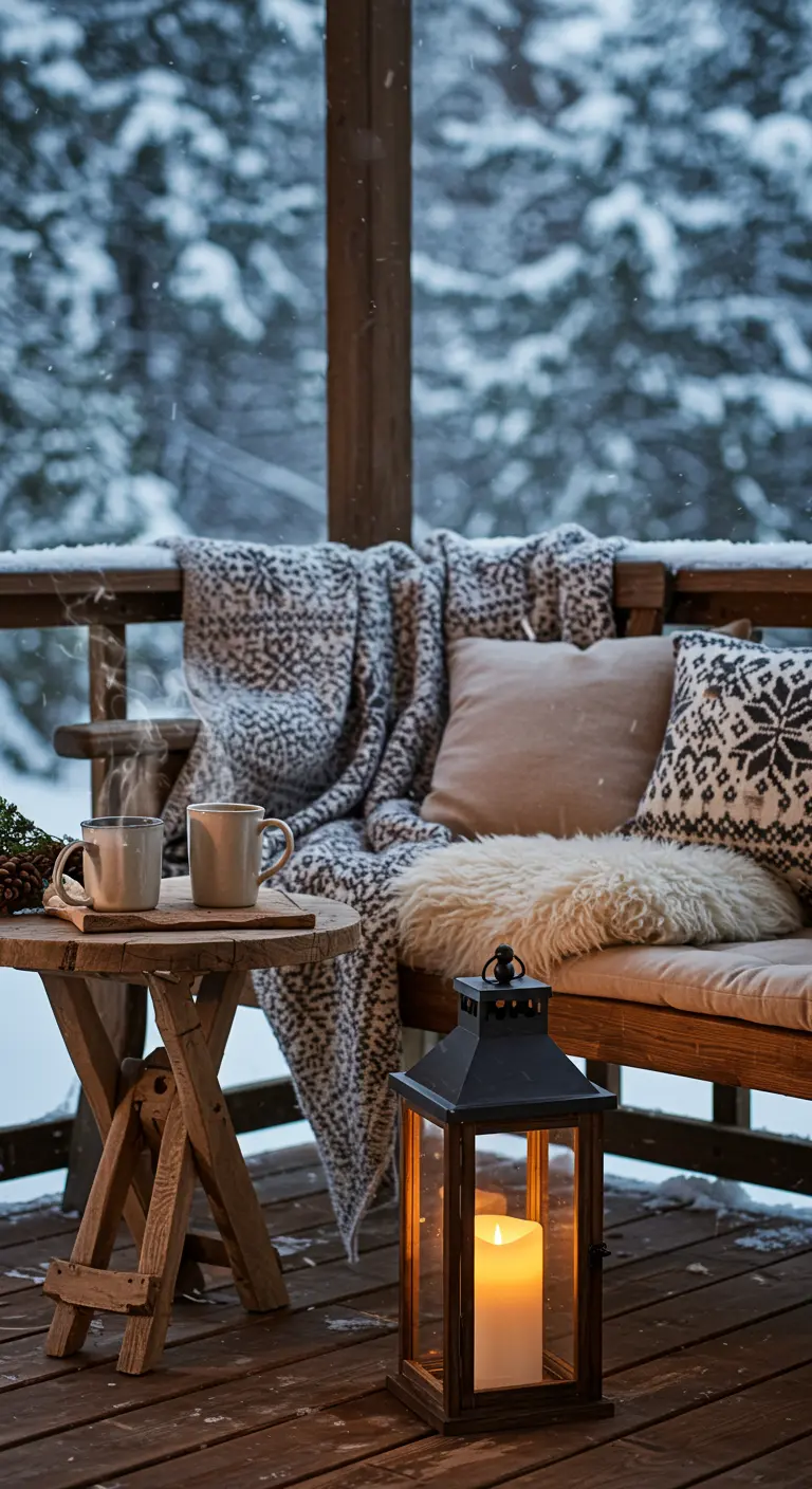 A snowy balcony with a bench covered in cozy blankets and a lantern.
