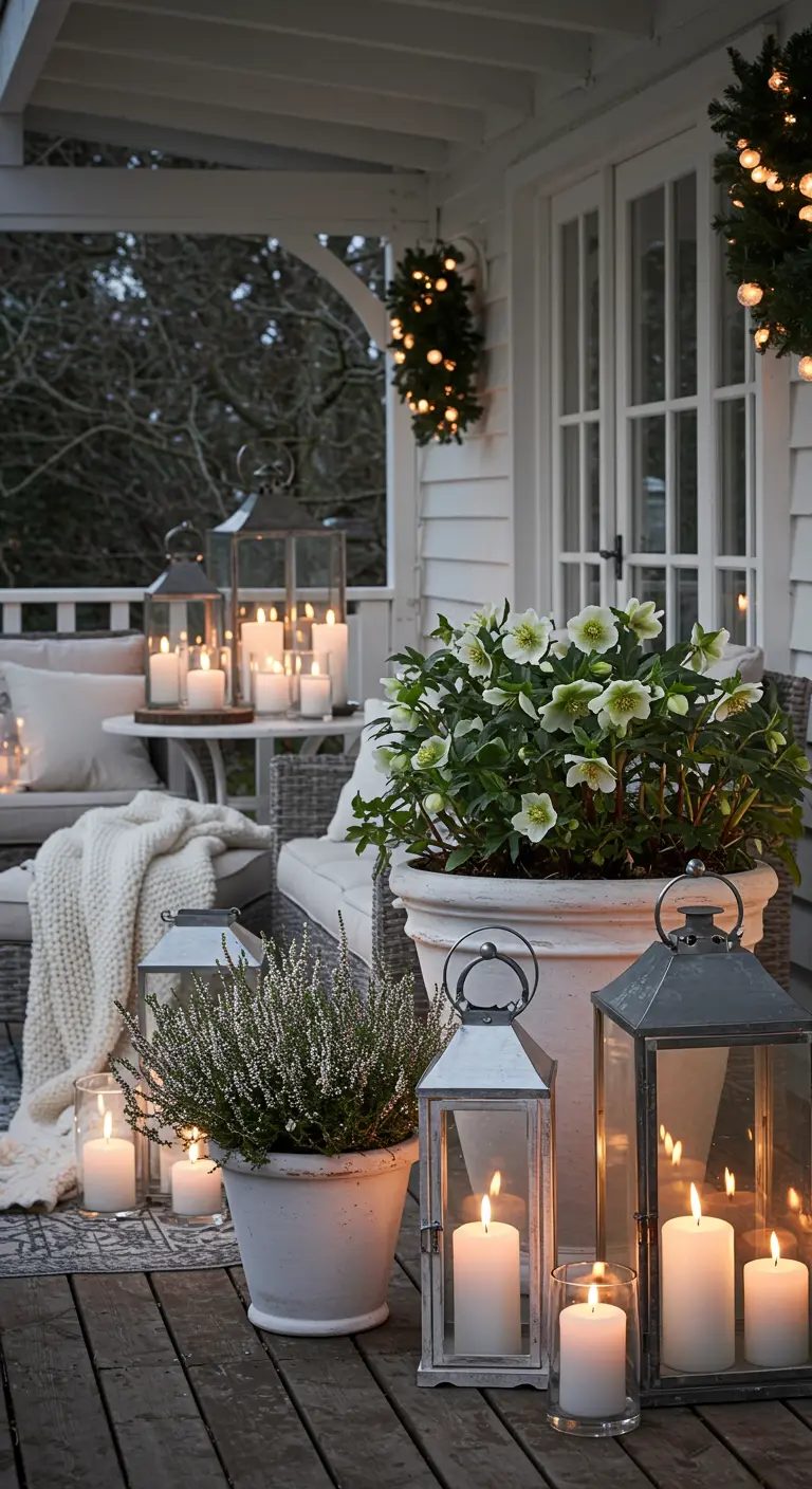 A cozy winter porch with white hellebores, heather, a knit blanket, and many lanterns.