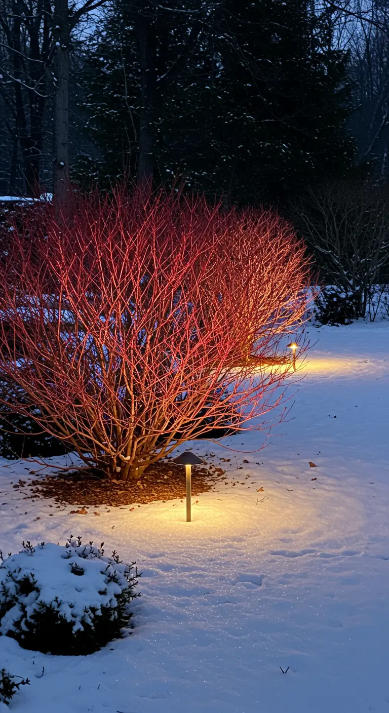 A red twig dogwood shrub's vibrant red branches lit from below in the snow.