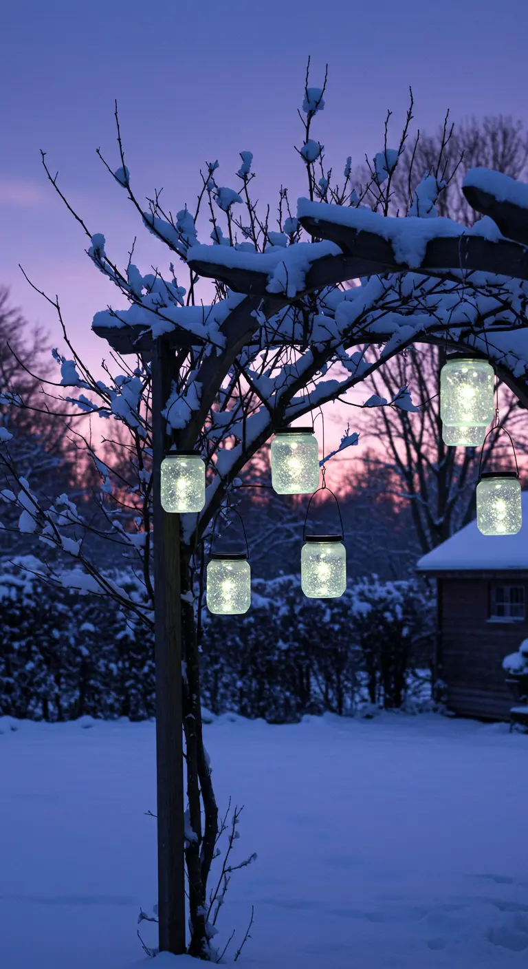 Snow-covered pergola at twilight with frosted solar jars glowing warmly.