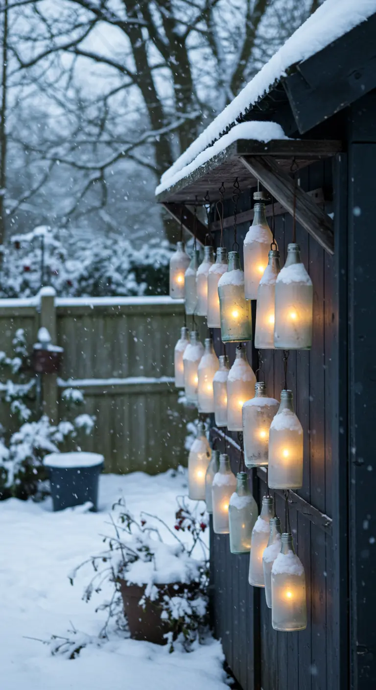 Frosted glass bottle lanterns with candles hanging on a shed in a snowy backyard.