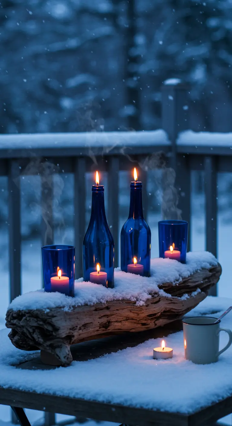 Snow-dusted driftwood log with blue bottle candle holders on a winter balcony.