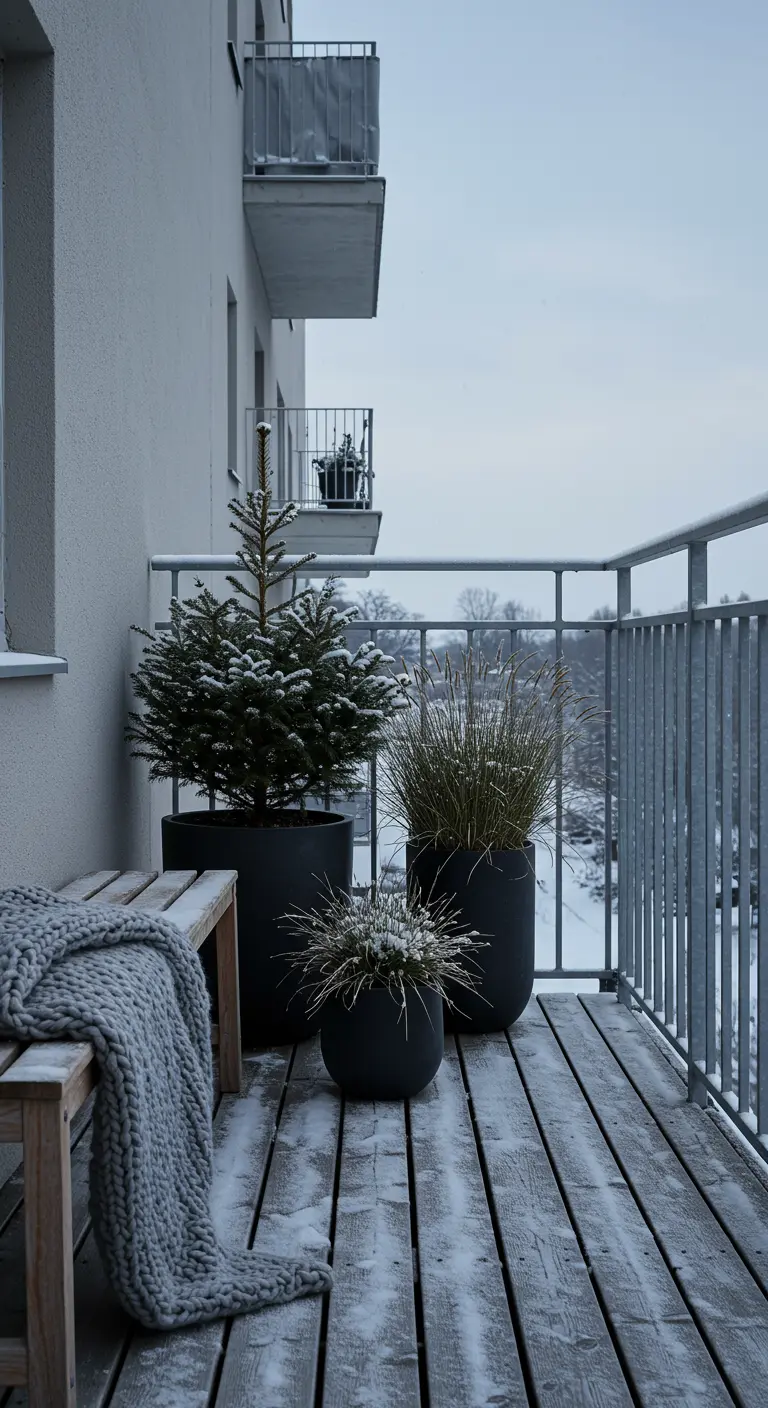 Minimalist balcony with dark planters, a small pine tree, and a knit blanket on a wooden bench.