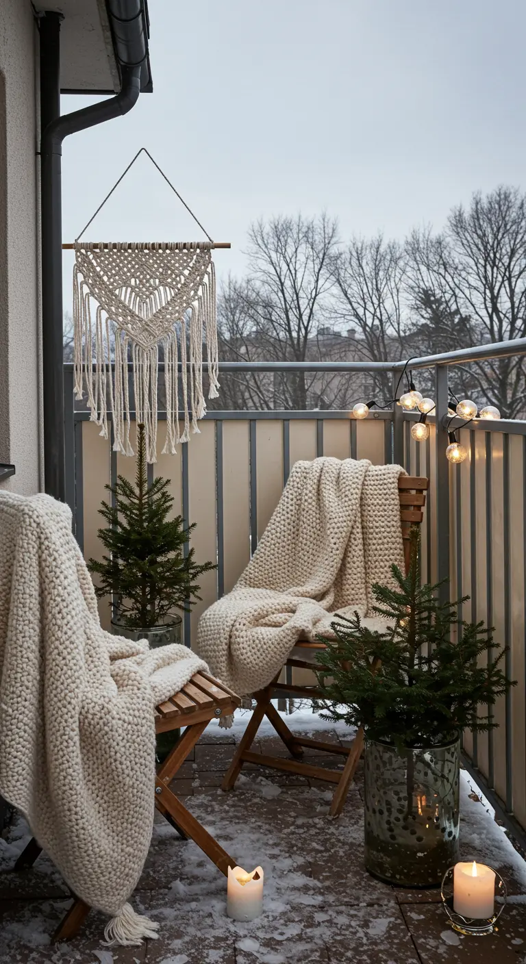 A snowy balcony decorated for winter with chunky knit throws and small evergreen trees.