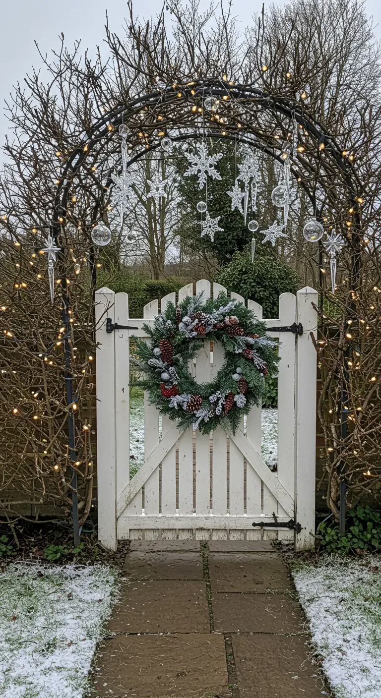 A white garden gate with a frosted wreath, set in an archway decorated with lights and snowflakes.