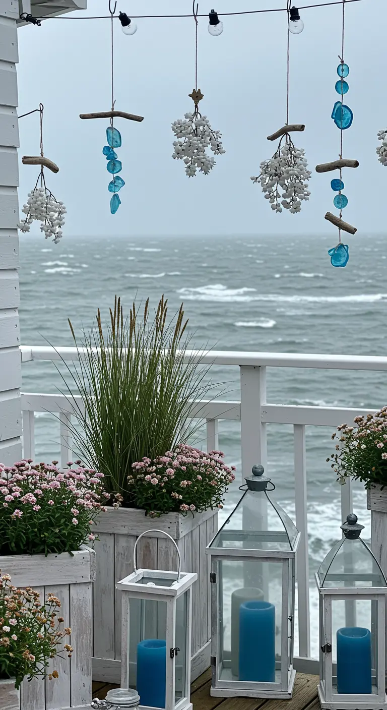 Coastal balcony with driftwood and sea glass mobiles, white planters, and blue candles.