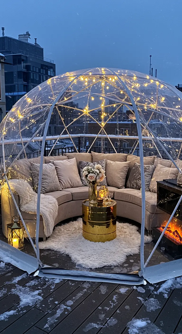 A clear geodesic dome on a snowy rooftop, filled with a velvet sofa, gold table, and fairy lights.