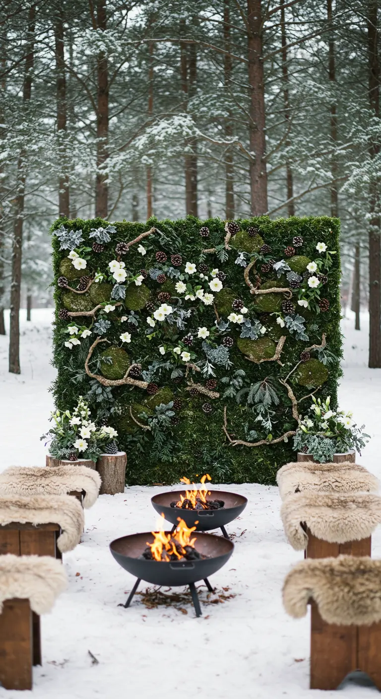 A winter wedding scene with a moss wall, fire pits, and fur throws on benches in the snow.