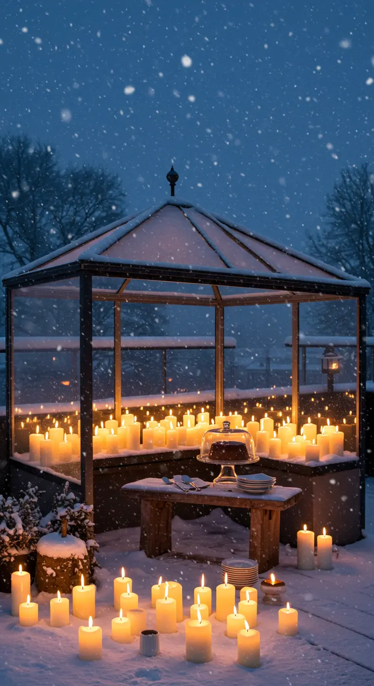A glass greenhouse in the snow, filled with hundreds of candles and a dessert table.