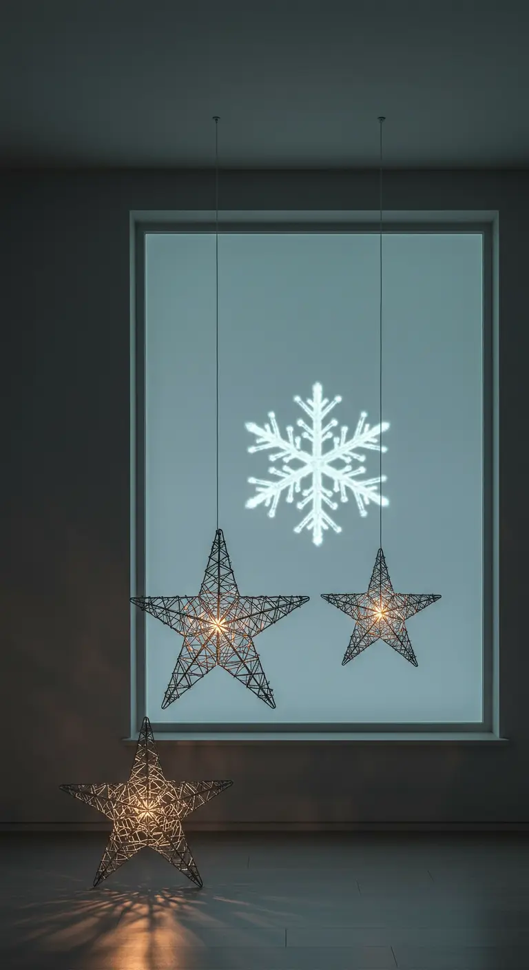Minimalist decor with black wireframe stars and a projected snowflake on a window.