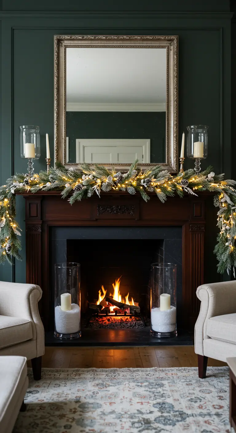 Elegant mantel with frosted garland, lights, and candles against a dark green wall.