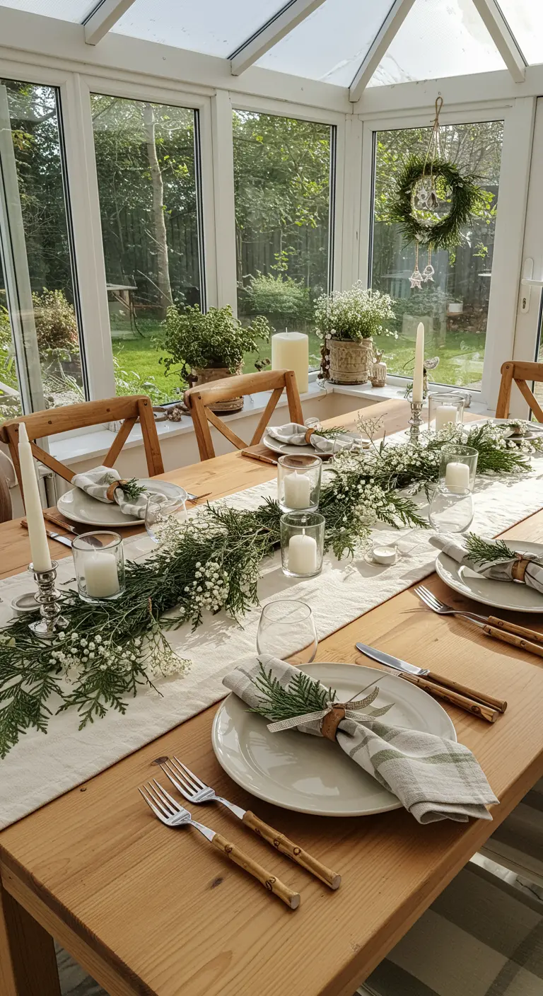 Bright sunroom table with cedar garland dotted with baby's breath and white candles.