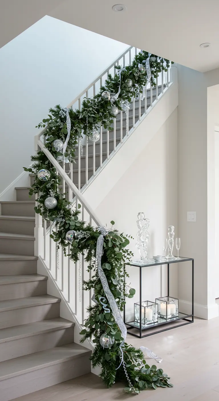 Elegant white staircase with silver and white Christmas garland, eucalyptus, and sheer ribbons.