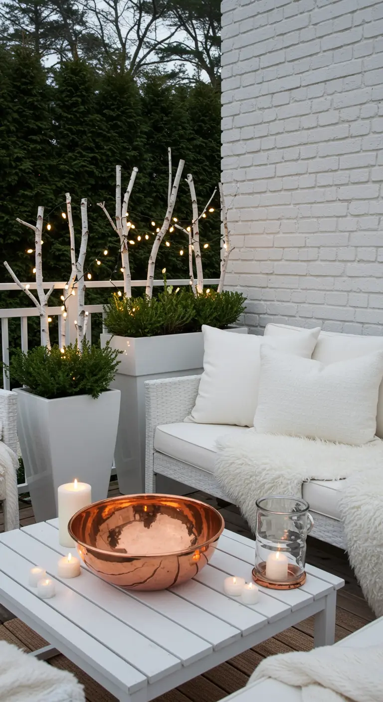 A chic white balcony with birch branches in planters, white fur throws, and a large copper bowl.