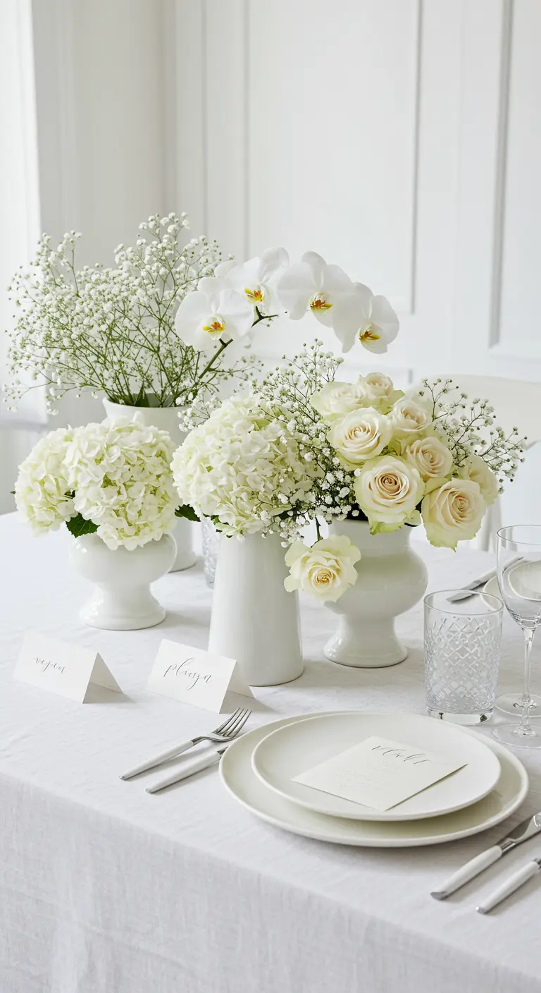 An all-white tablescape with different white flowers like orchids and hydrangeas in white vases.