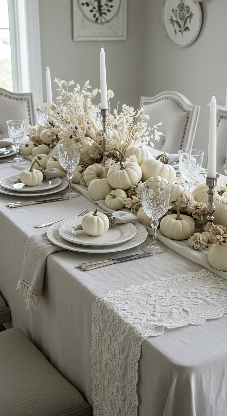 An elegant, all-white Thanksgiving table with a lace runner, white pumpkins, and crystal glasses.