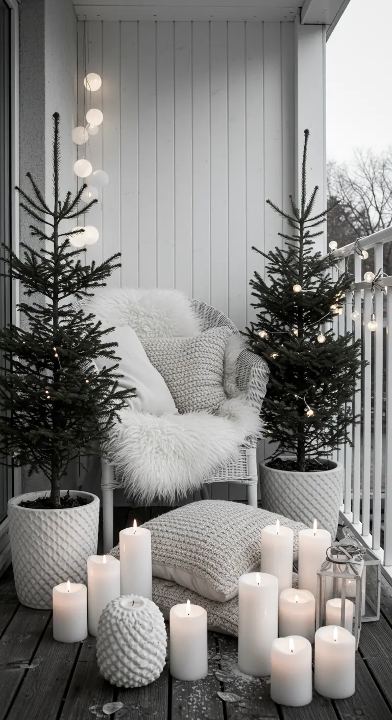 An all-white balcony with a wicker chair, textured pillows, and many white candles.