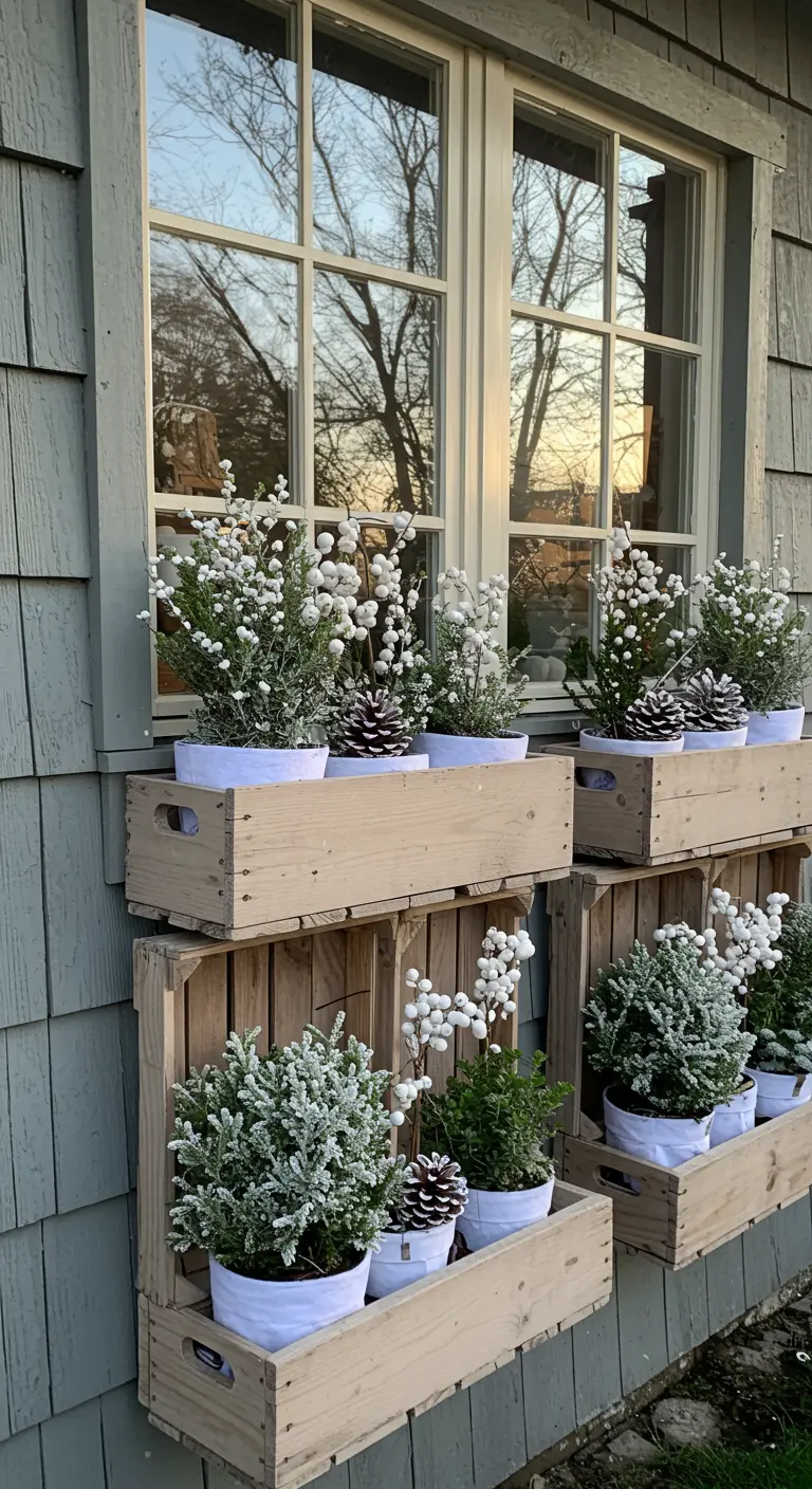 Window boxes and stacked crates with white-berried plants and evergreens on a house exterior.