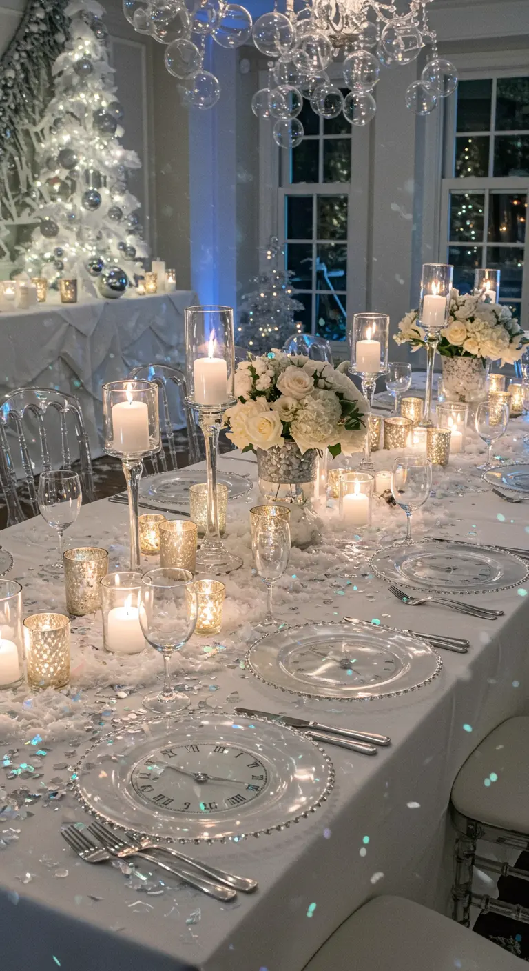 An all-white NYE table with faux snow, clear clock plates, and silver mercury glass votives.