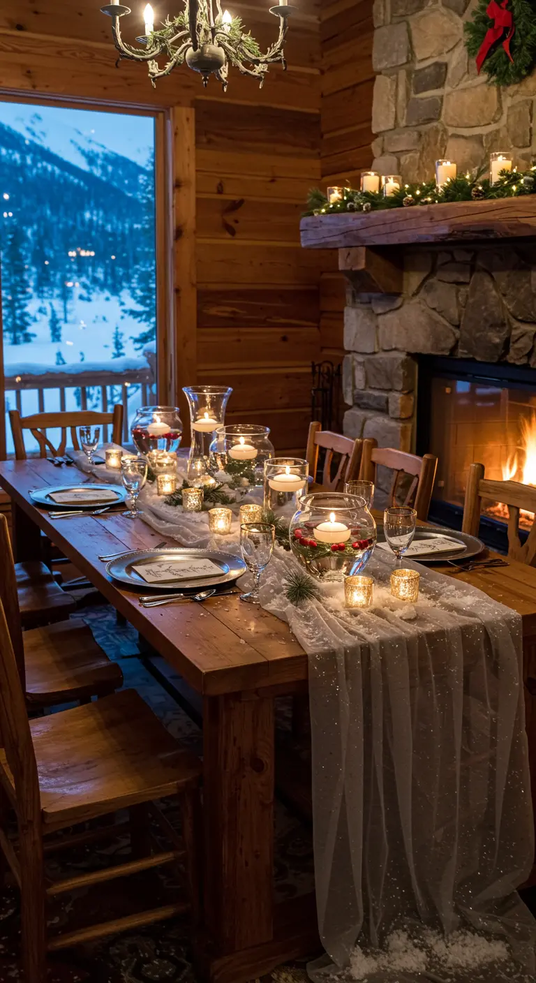 Cozy winter table in a cabin with a glittery runner, faux snow, and floating candles with cranberries.