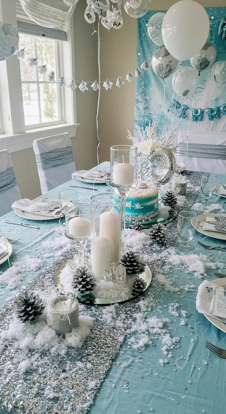 A winter-themed table with a silver glitter runner, fake snow, pinecones, and white candles.