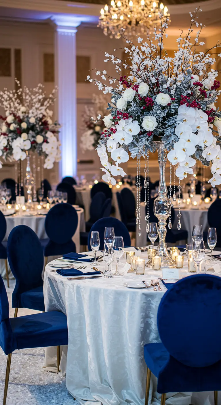 Grand ballroom with white tables, blue velvet chairs, tall white and red winter floral centerpieces.